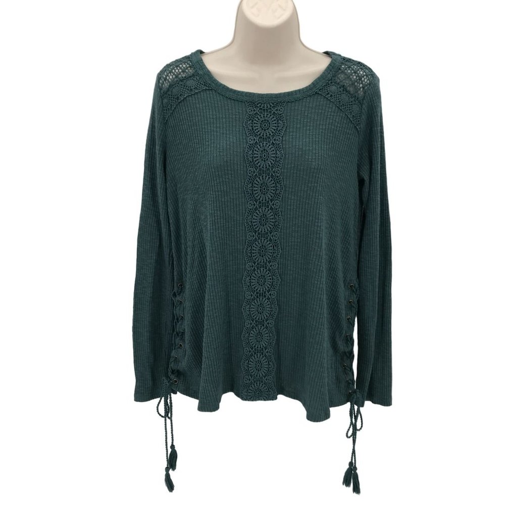 Knox Rose Womens Green Cable Knit Lace Long Sleeve Top Size S